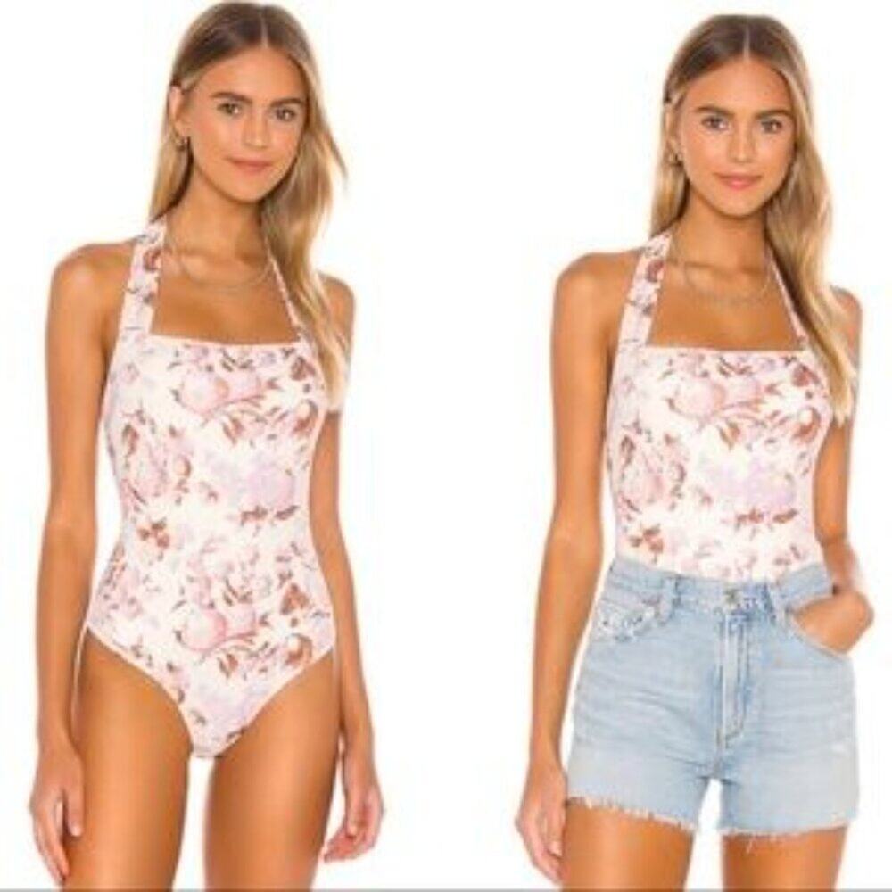 Paige Nola Halter Bodysuit in Mecca Orange Multi Floral Pattern Size Small